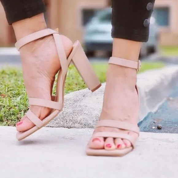 Womens Triple Straps Chunky Heels Sandals Nude Color
