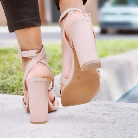 Womens Triple Straps Chunky Heels Sandals Nude Color