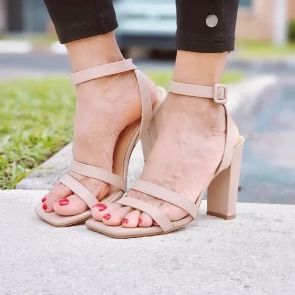 Womens Triple Straps Chunky Heels Sandals Nude Color