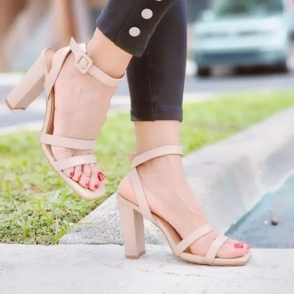 Womens Triple Straps Chunky Heels Sandals Nude Color