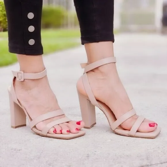 Womens Triple Straps Chunky Heels Sandals Nude Color