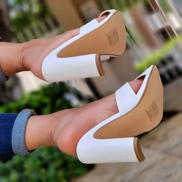 Women's White Bandage Square Toe Sandals Chunky Heels