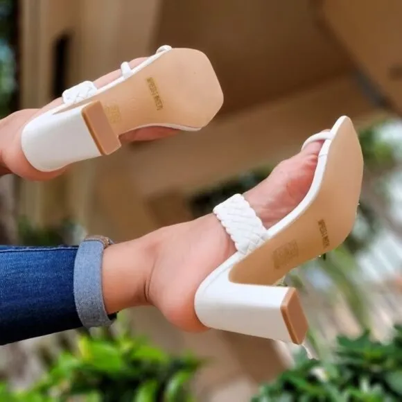 Women's White‎ Braided Chunky Block Heel Slide Sandals