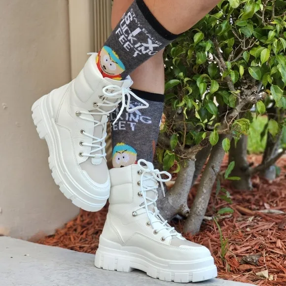 Women's White Chunky Block High Heel Ankle Combat Booties