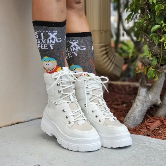 Women's White Chunky Block High Heel Ankle Combat Booties