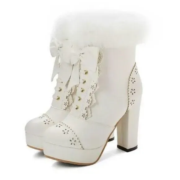 Women’s White Chunky High Heeled Boots Faux Fur Trim Size 39EU (8.5 US) NEW