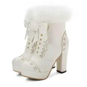 Women’s White Chunky High Heeled Boots Faux Fur Trim Size 39EU (8.5 US) NEW
