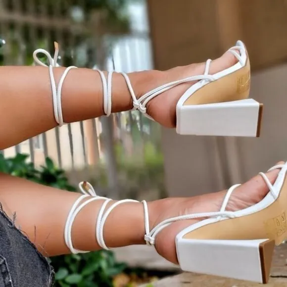 Women's White Strappy Chunky Heel Gladiator Sandals