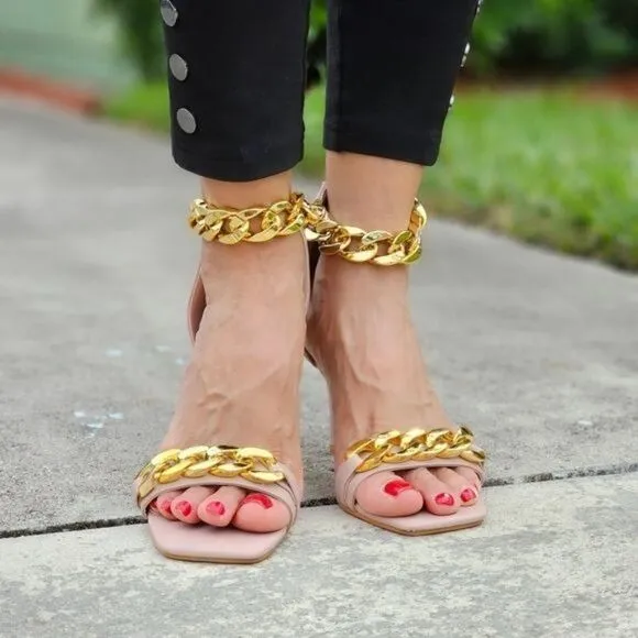 Womens Ankle Strap Heels Chains Stiletto Sandals Blush Color