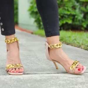 Womens Ankle Strap Heels Chains Stiletto Sandals Blush Color