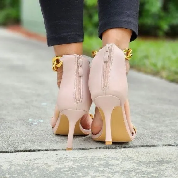 Womens Ankle Strap Heels Chains Stiletto Sandals Blush Color