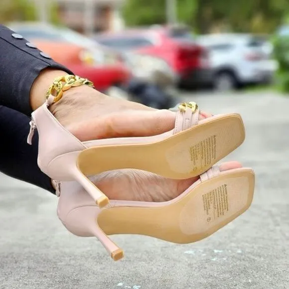 Womens Ankle Strap Heels Chains Stiletto Sandals Blush Color