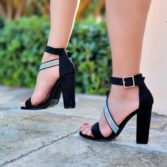 Women's Black Rhinestone Chunky Heeled Ankle Strap Sandals