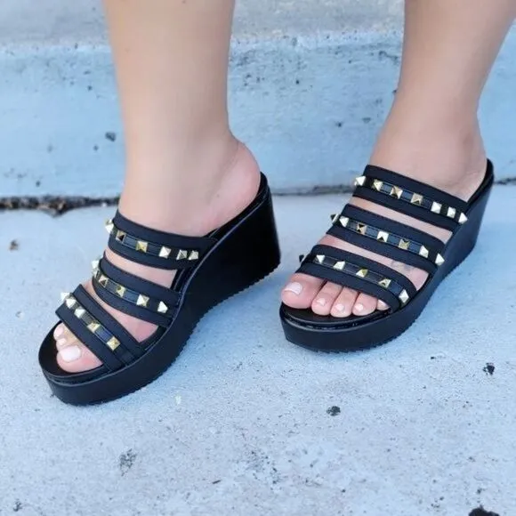 Women's Black Studded Wedge Open Toe Sandals