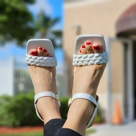 Women's Braided Single Band Ankle Strap Sandals White Color