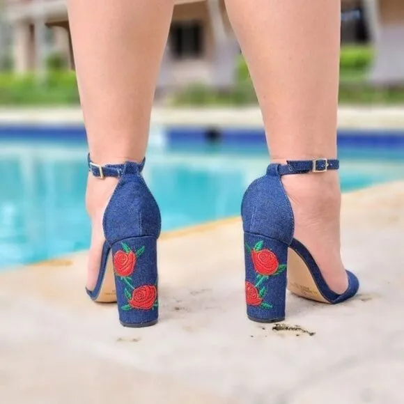 Women's Denim Ankle Strap Chunky Heel Sandals
