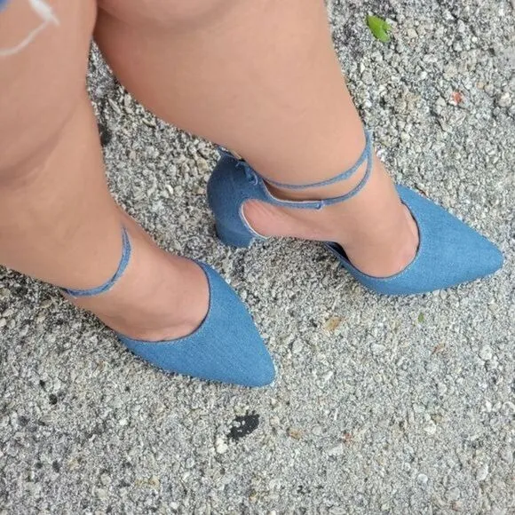 Women's Denim Point Toe Ankle Strap Block Heel