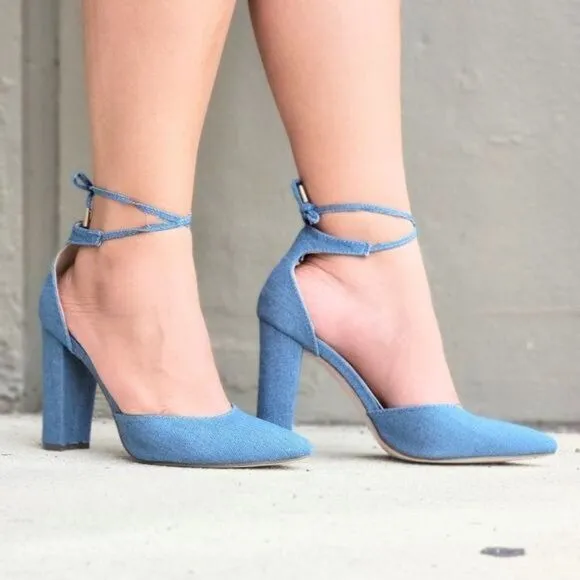 Women's Denim Point Toe Ankle Strap Block Heel