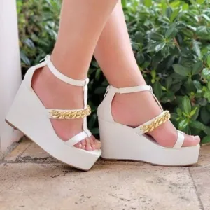 Women's Gold Chain High Wedge Platform White Color