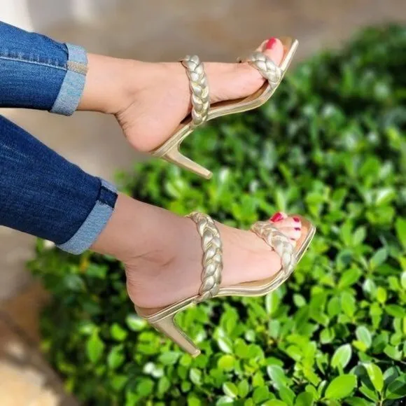 Women's Gold Double Braided Square Toe Mule Heel Sandal