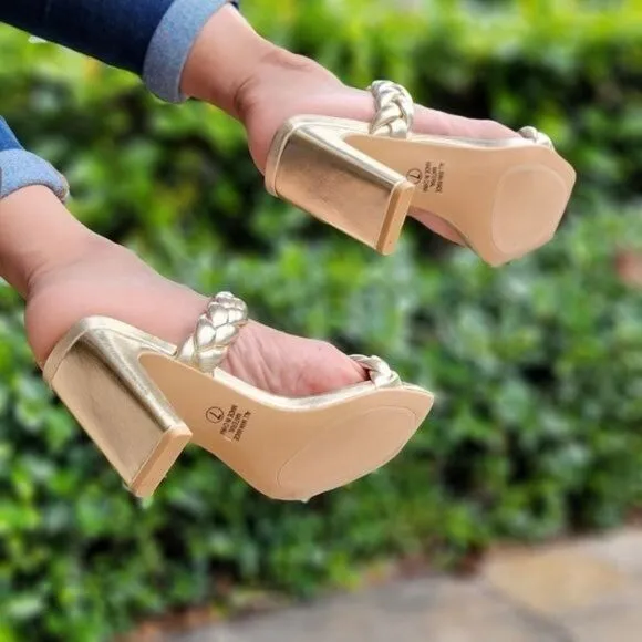 Women's Gold Double Braided Square Toe Mule Heel Sandal
