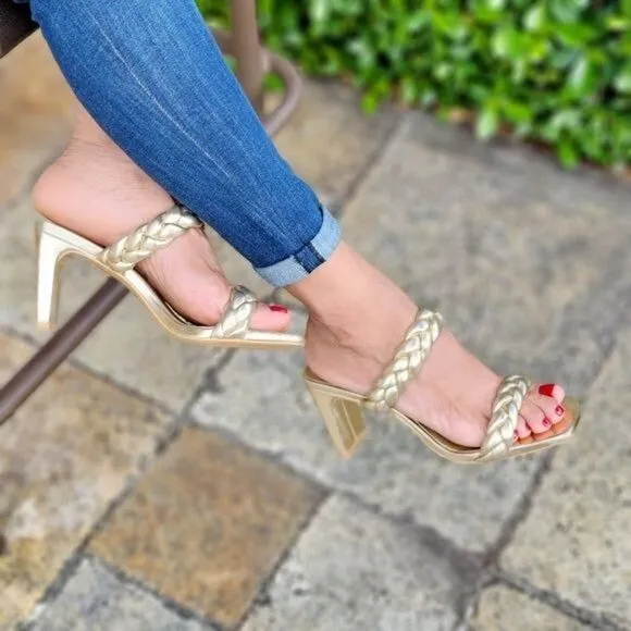 Women's Gold Double Braided Square Toe Mule Heel Sandal