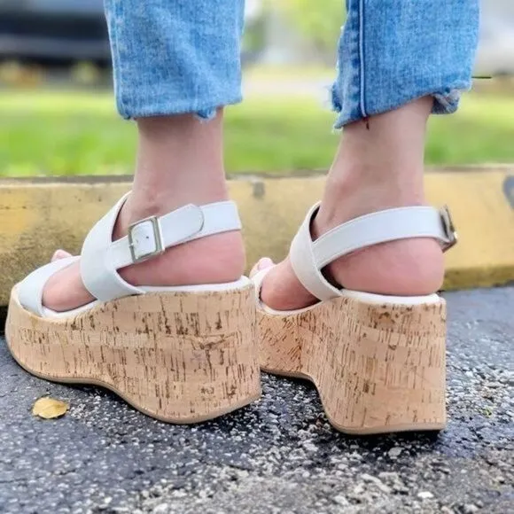 Women's High Platform Ankle Strap Wedge White Color