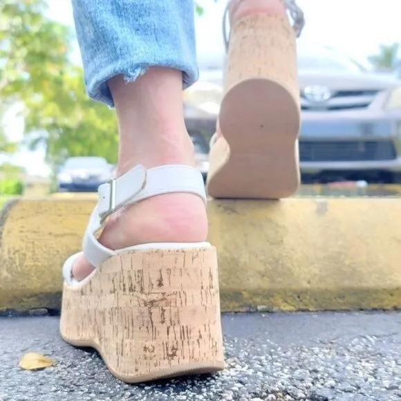 Women's High Platform Ankle Strap Wedge White Color