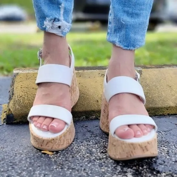 Women's High Platform Ankle Strap Wedge White Color