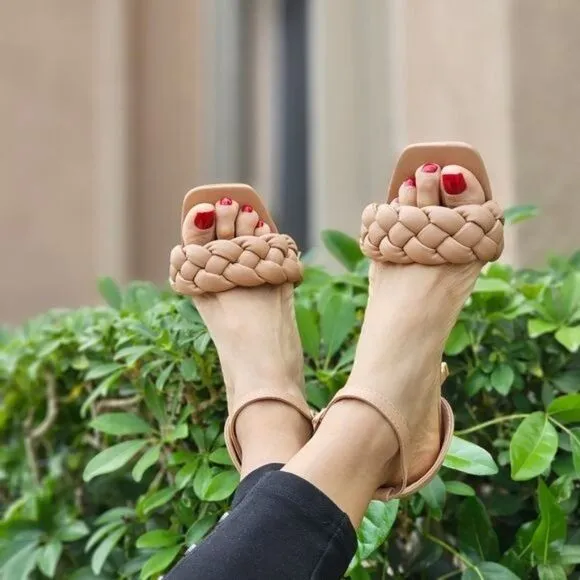 Women's Nude Braided Single Band Ankle Strap Sandals