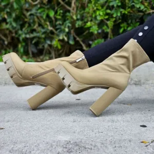 Women's Platform Ankle Chunky Heel Boots Taupe Color