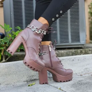 Women's Platform Heel Boots Chunky Ankle Lace Up Mocha Color