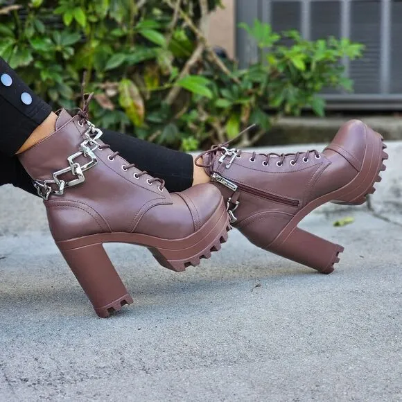 Women's Platform Heel Boots Chunky Ankle Lace Up Mocha Color