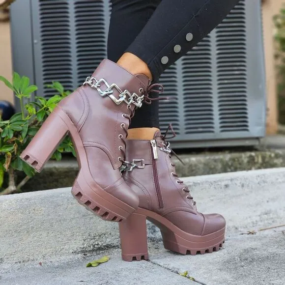 Women's Platform Heel Boots Chunky Ankle Lace Up Mocha Color
