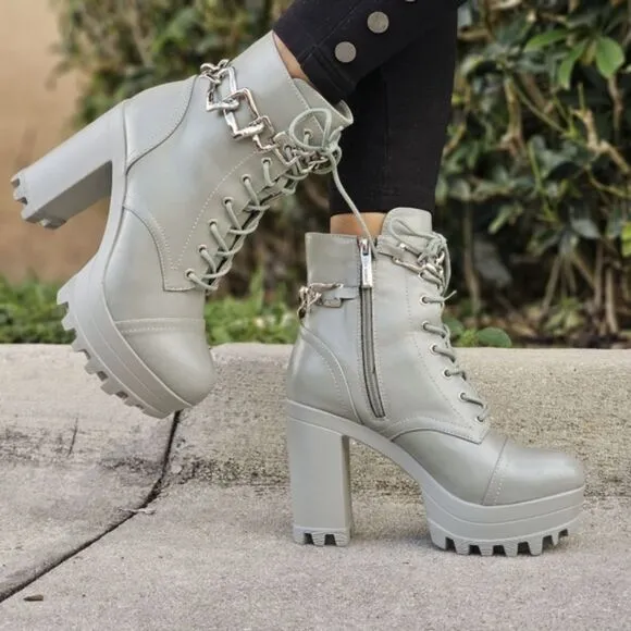 Women's Platform Heel Boots Chunky Ankle Lace Up Olive Color