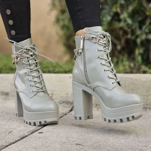 Women's Platform Heel Boots Chunky Ankle Lace Up Olive Color
