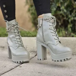 Women's Platform Heel Boots Chunky Ankle Lace Up Olive Color