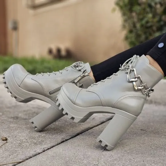 Women's Platform Heel Boots Chunky Ankle Lace Up Olive Color