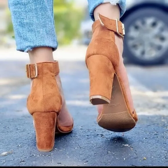 Womens Suede Ankle Strap Block Heel Dress Sandals Tan Color