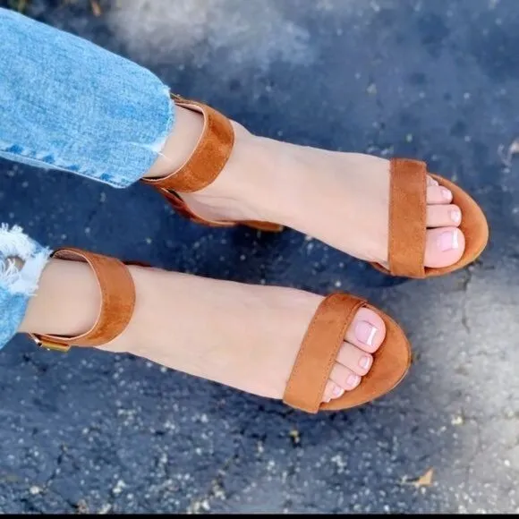 Womens Suede Ankle Strap Block Heel Dress Sandals Tan Color