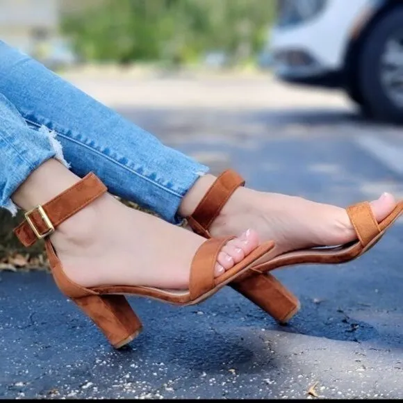 Womens Suede Ankle Strap Block Heel Dress Sandals Tan Color