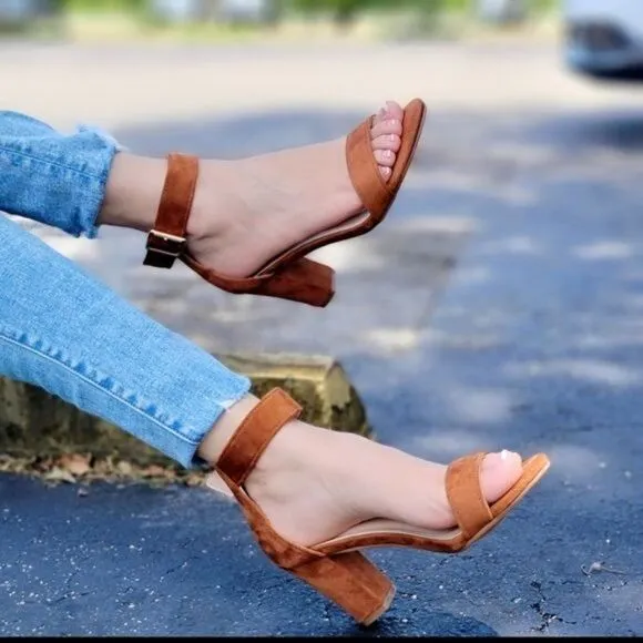 Womens Suede Ankle Strap Block Heel Dress Sandals Tan Color