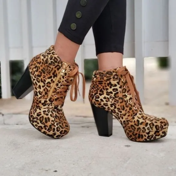 Women's Suede Lace-Up Chunky Block High Heel Ankle Boots Leopard