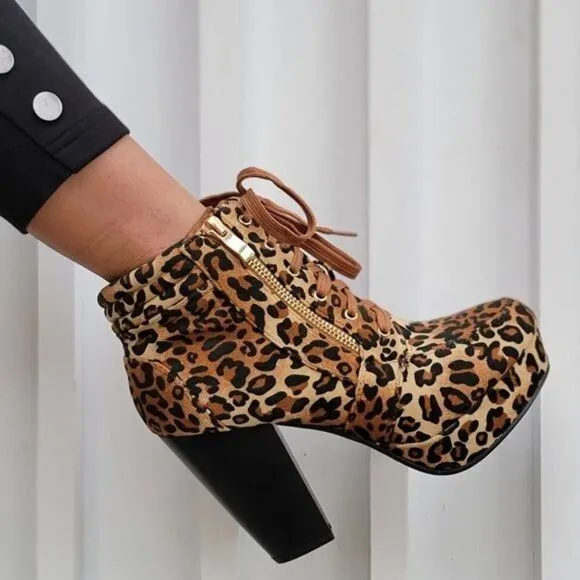 Women's Suede Lace-Up Chunky Block High Heel Ankle Boots Leopard