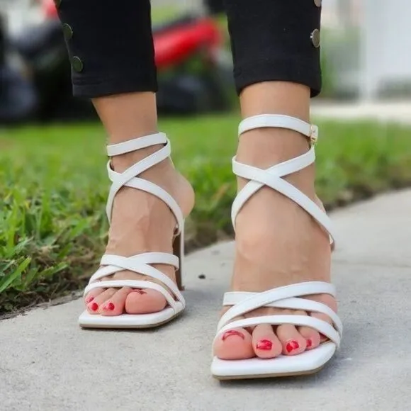 Womens Triple Straps Chunky Heels Sandals White Color