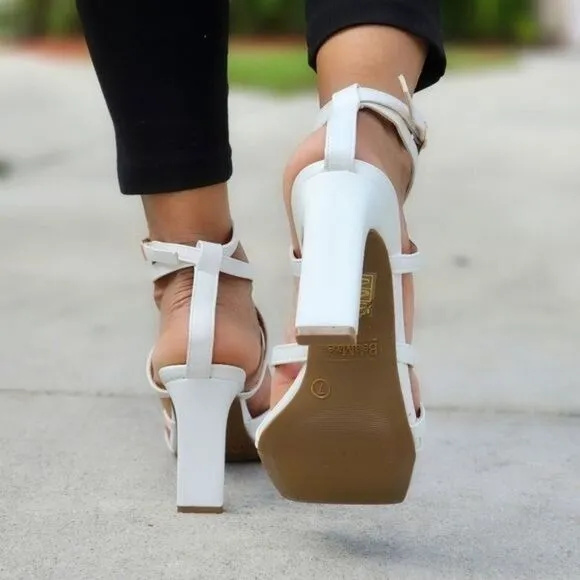 Womens Triple Straps Chunky Heels Sandals White Color