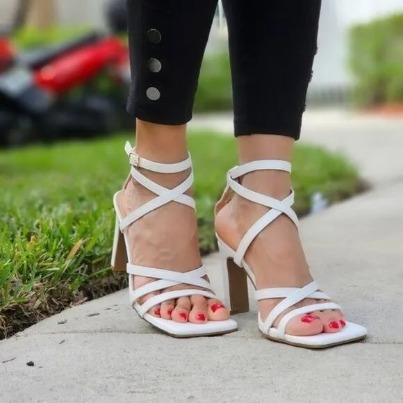 Womens Triple Straps Chunky Heels Sandals White Color