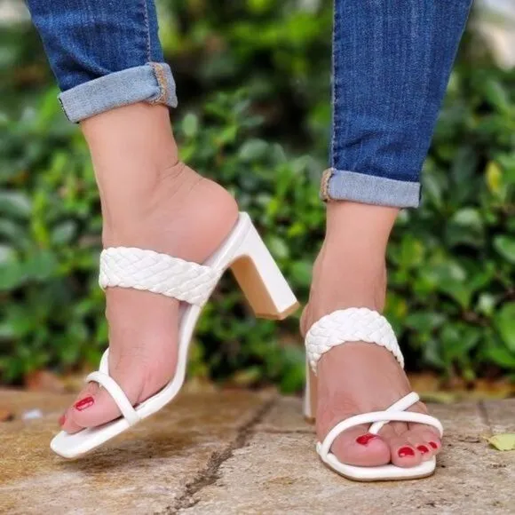 Women's White Braided Chunky Block Heel Slide Sandals