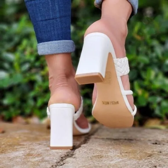 Women's White Braided Chunky Block Heel Slide Sandals