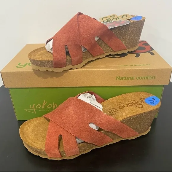 YOKONO Women’s Canela Suede Cross Band Padded Wedge Sandals Brick Size 7.5